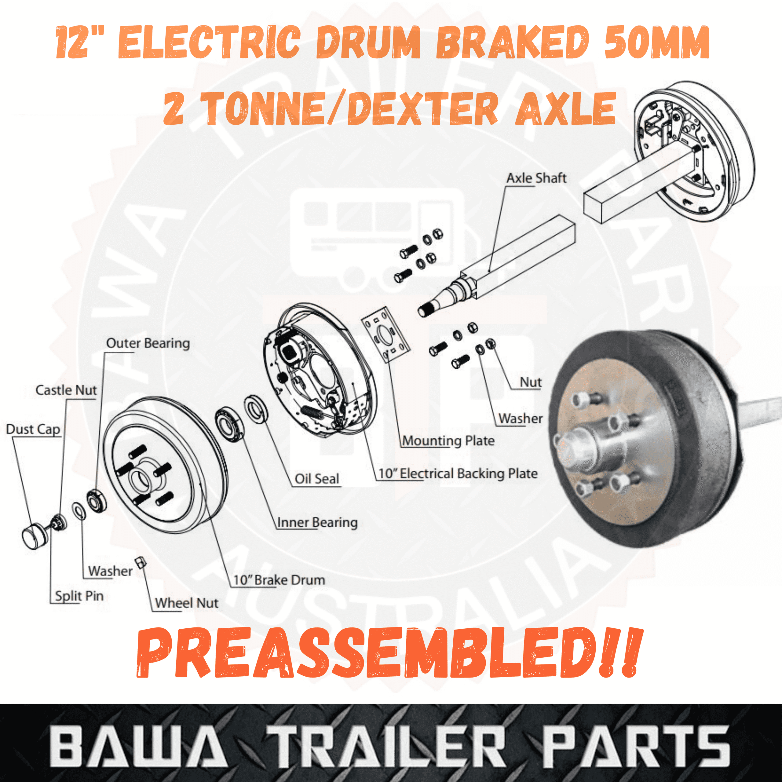 45-Square-1.png 12" 6 STUD L/C Electric Drum Braked 50 Square 2TN Axle (1560mm HF to HF) - Image 1