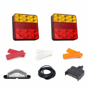 Tail Light Kit with 100x100 Tail Lights, 8Metre of 5 Core Cable, 7 Pin Flat Plug and No. Plate Light With Red Clear and Amber Reflectors 75x22mm