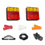 Tail Light Kit with 100x100 Tail Lights, 8 Metre of 5 Core Cable, 7 Pin Flat Plug and No. Plate Light With Red and Amber Side markers 60x35mm, Red Clear and Amber Reflectors 75x22mm