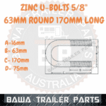2 x Zinc U-Bolts 63MM ROUND 170mm Long M16 - Image 2